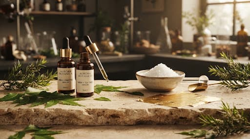 Pure glutathione white crystalline powder, neem leaves, and gold leaf sheets in cosmetic lab