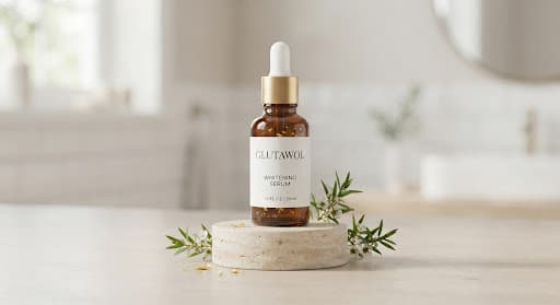 Glutawol serum amber bottle on travertine marble plinth with tea tree sprigs and gold flakes packshot.