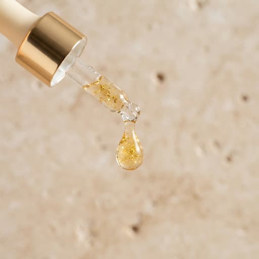 Cosmetic glass dropper dispensing golden elixir with 24K gold flakes