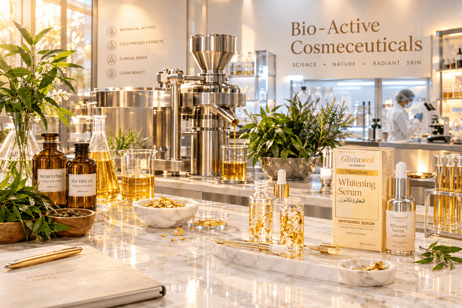 The Glutawol Lab Formulation Bench with active botanical cosmeceuticals